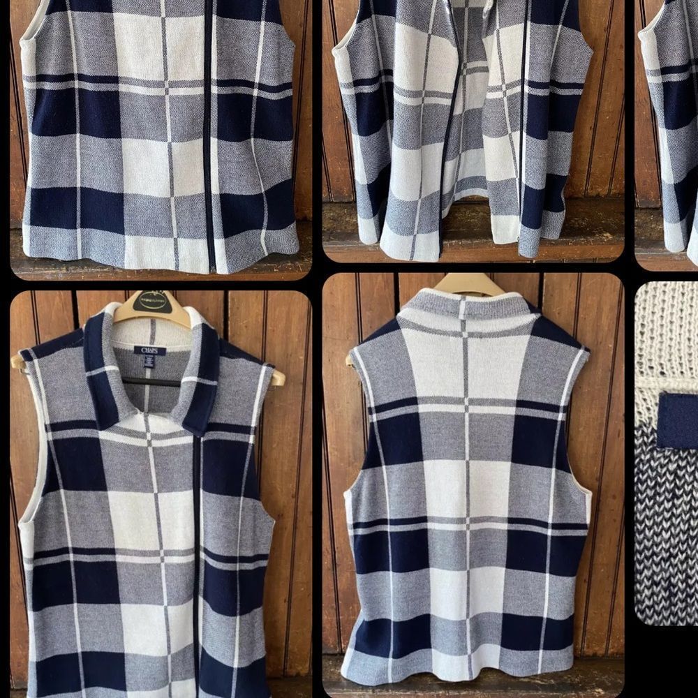 NWT Chaps Navy Plaid Asymmetric Full Zip Sweater Vest Womens Small Cotton - Picture 7 of 8